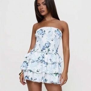 Blue Blossom Strapless Tiered Mini Dress